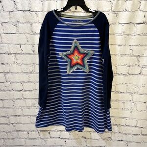 Mini Boden Girls Blue White Stripe Dress Sequin Star Long Sleeve Size 7/8